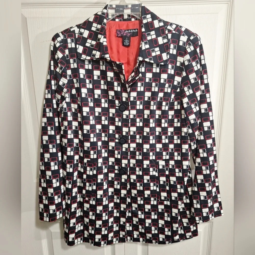 Peck & Peck Black and Red Geometric Jacket - L